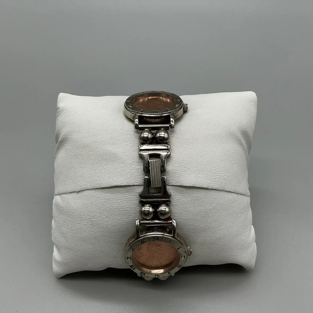 Vintage Jalga Womens Watch 25mm Bronze Dial Silver Tone Penny Coin Band 8.5